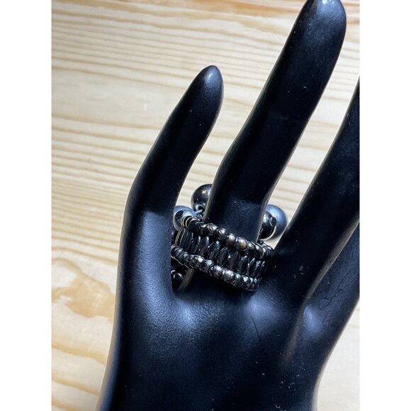 Black Beaded ChaCah Stretch Ring With Clustered Faux Pearls - Picture 2 of 3